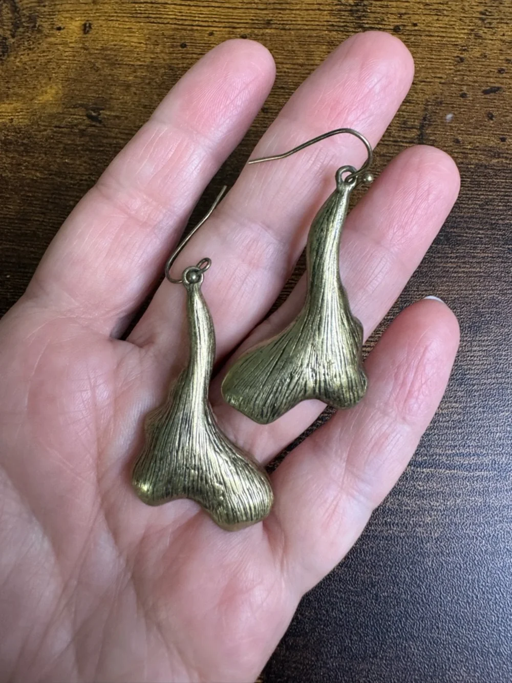 🍄Hand Crafted Gold Organic Leaf Drop Earrings - Abstract Brass - Picture 2 of 5